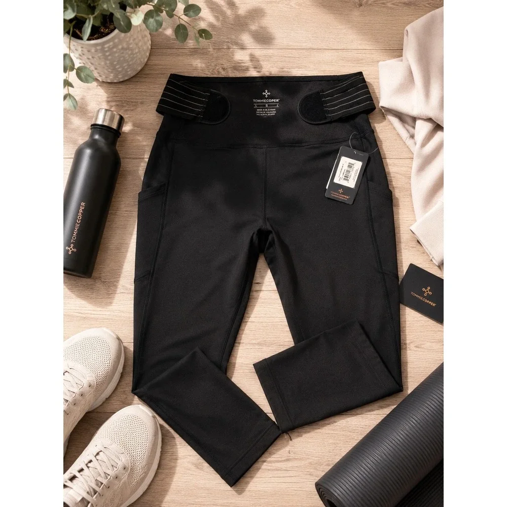 Tommie Copper Women Adj 2Pockets Capris 19" Black Compression Leggings - Picture 1 of 16